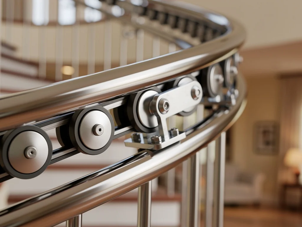 Rail hélicoïdal sur mesure épousant la courbe d'un escalier en colimaçon