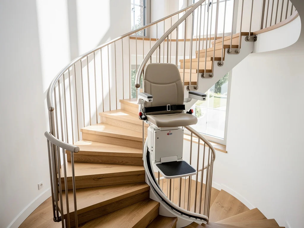 Monte-escalier suivant la spirale d'un escalier hélicoïdal, vu du palier